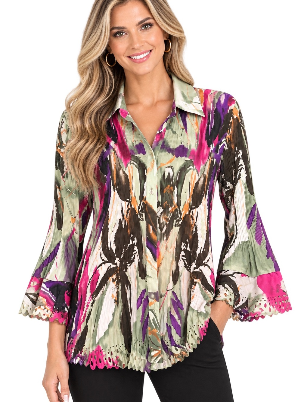 Sioni Multicolor Printed Button-Down Shirt in Pink, Purple, Green, Brown